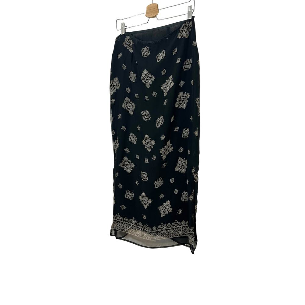 Vintage 90s 100% Silk Black Midi Skirt Geometric Whimsigoth M - Picture 2 of 9
